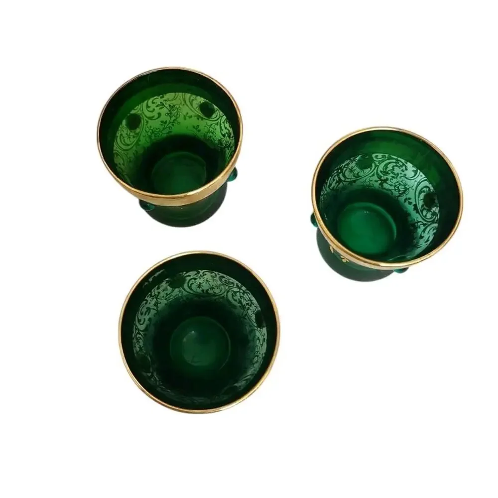Vintage Green Czech Bohemian Glass Set Hand Painted Gold Trim Floral Shot Glass